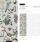 Botanical Wallpaper with Butterflies and Mushrooms in Sage Green and Purple - E288