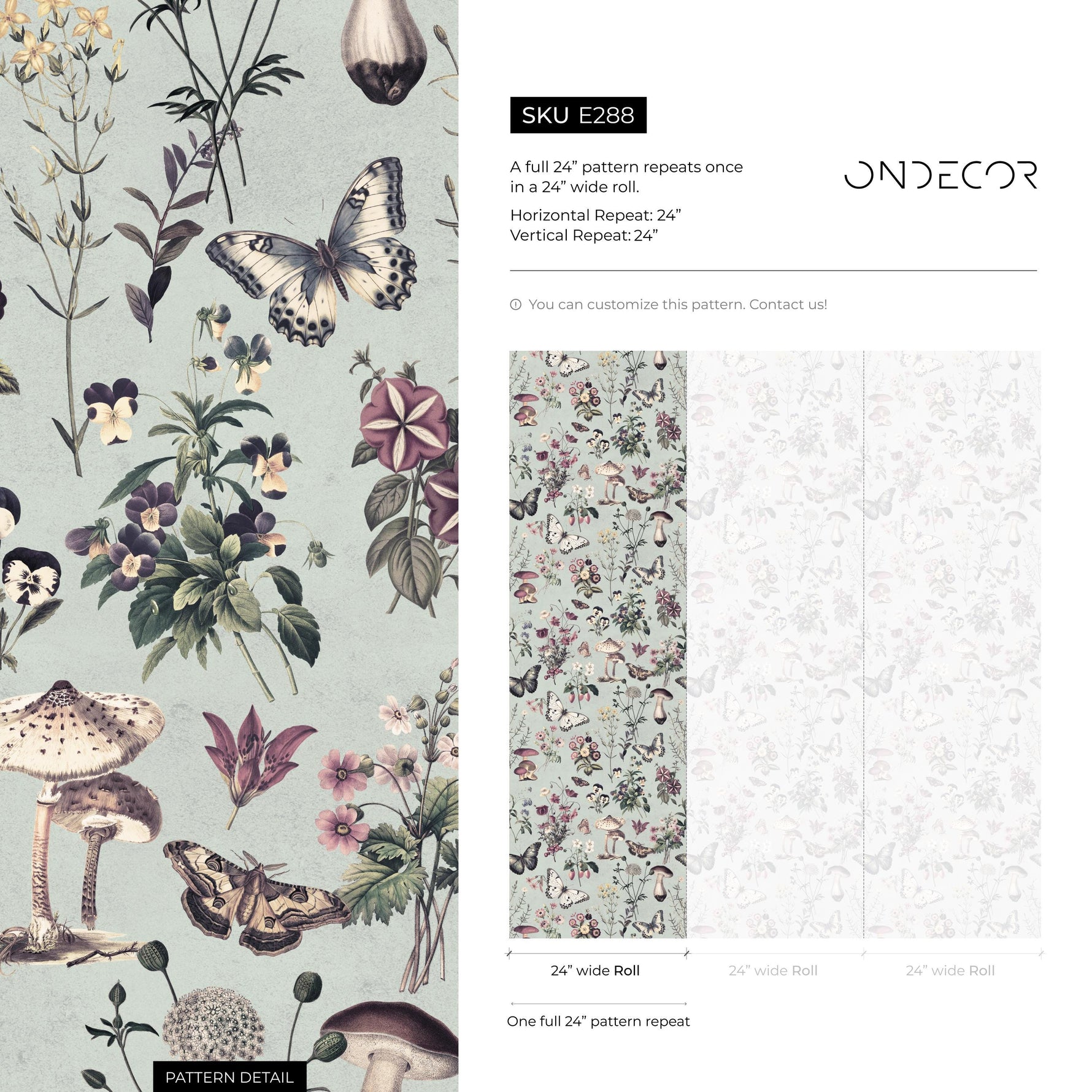 Botanical Wallpaper with Butterflies and Mushrooms in Sage Green and Purple - E288