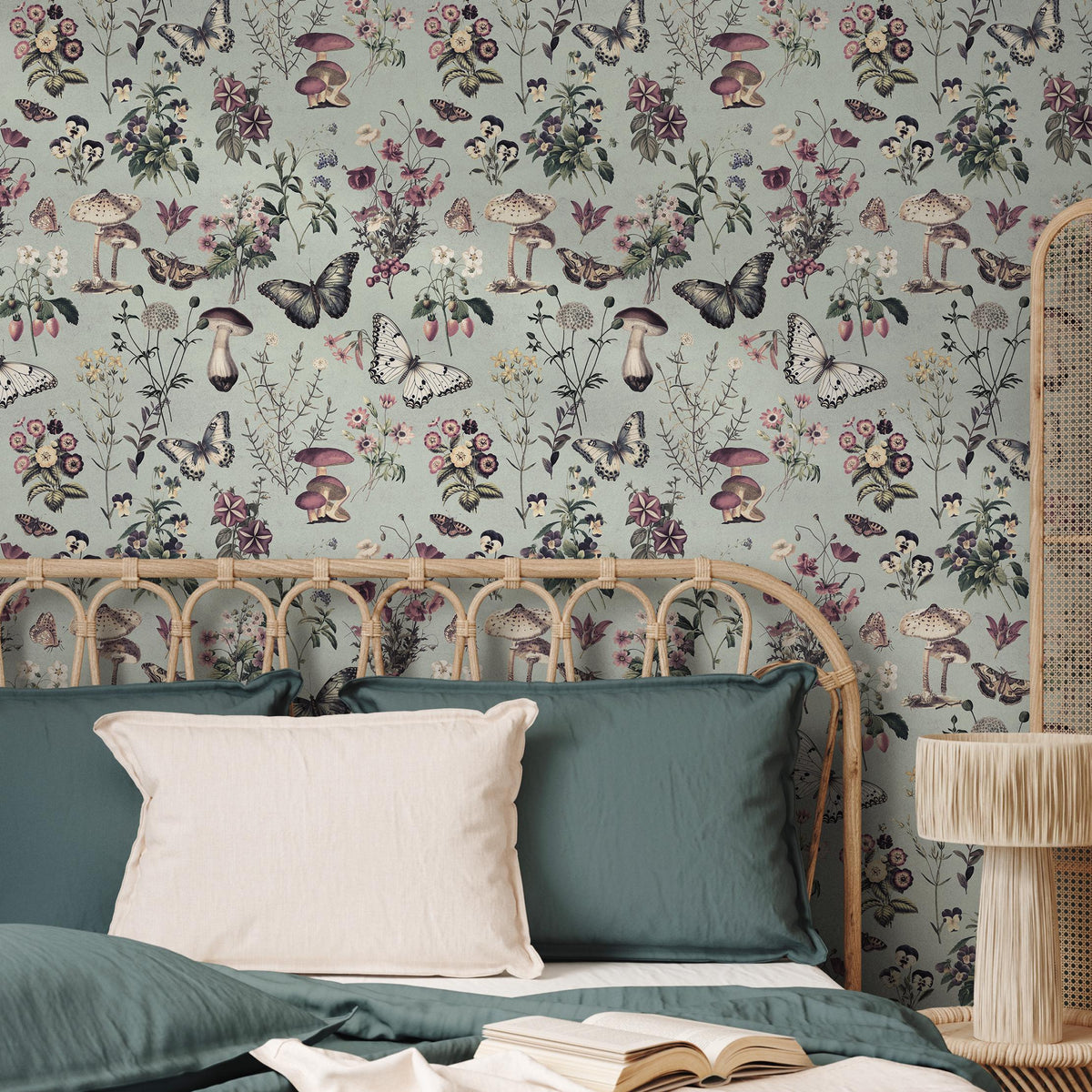 Botanical Wallpaper with Butterflies and Mushrooms in Sage Green and Purple - E288