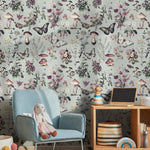 Botanical Wallpaper with Butterflies and Mushrooms in Sage Green and Purple - E288