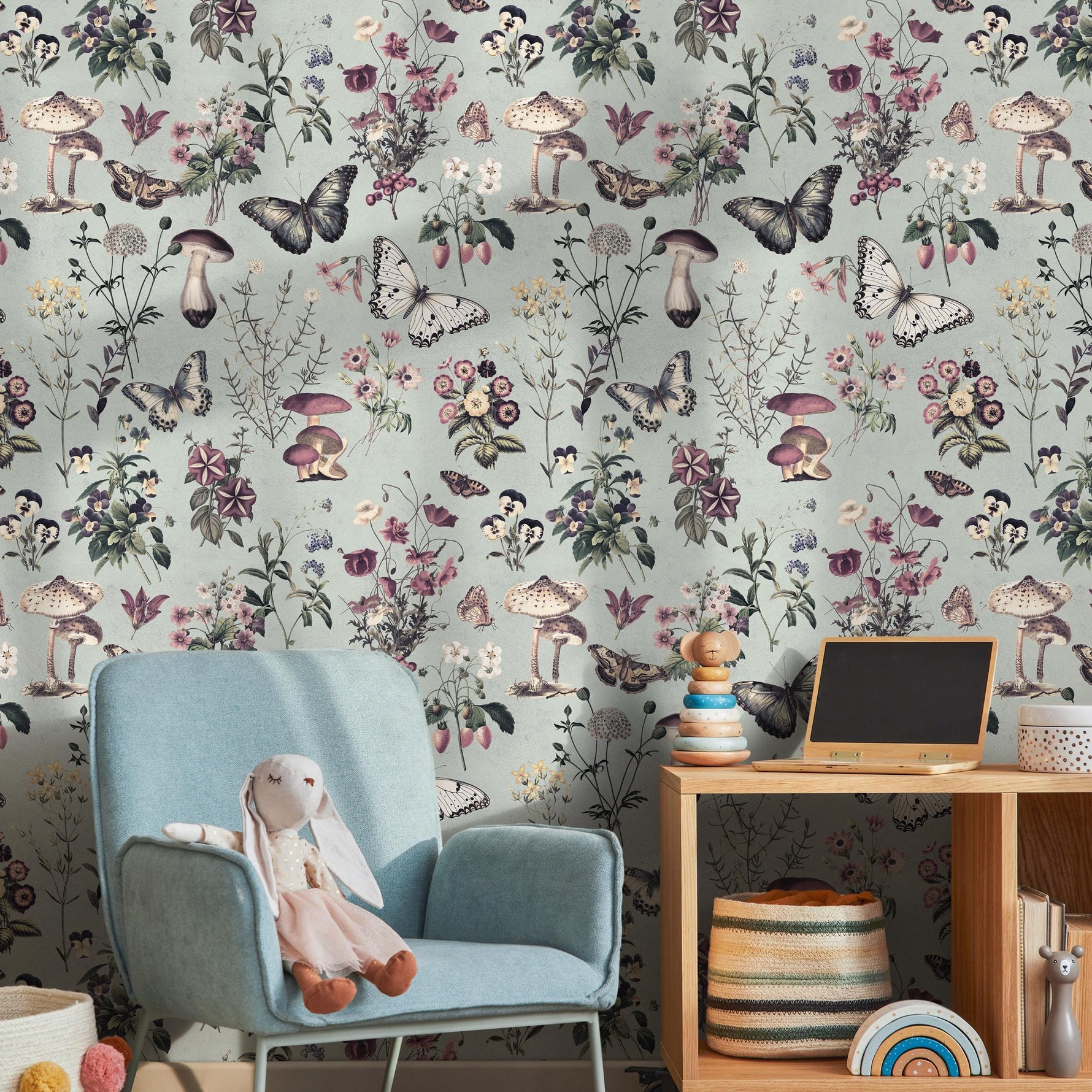 Botanical Wallpaper with Butterflies and Mushrooms in Sage Green and Purple - E288