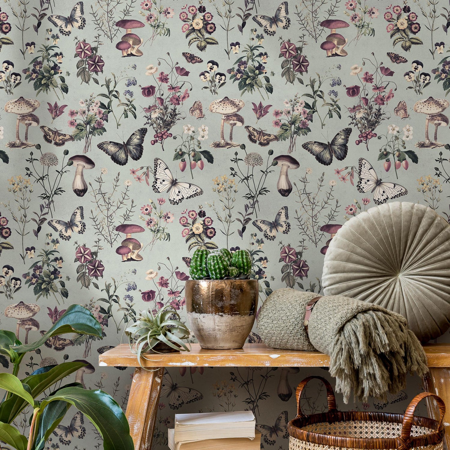 Botanical Wallpaper with Butterflies and Mushrooms in Sage Green and Purple - E288