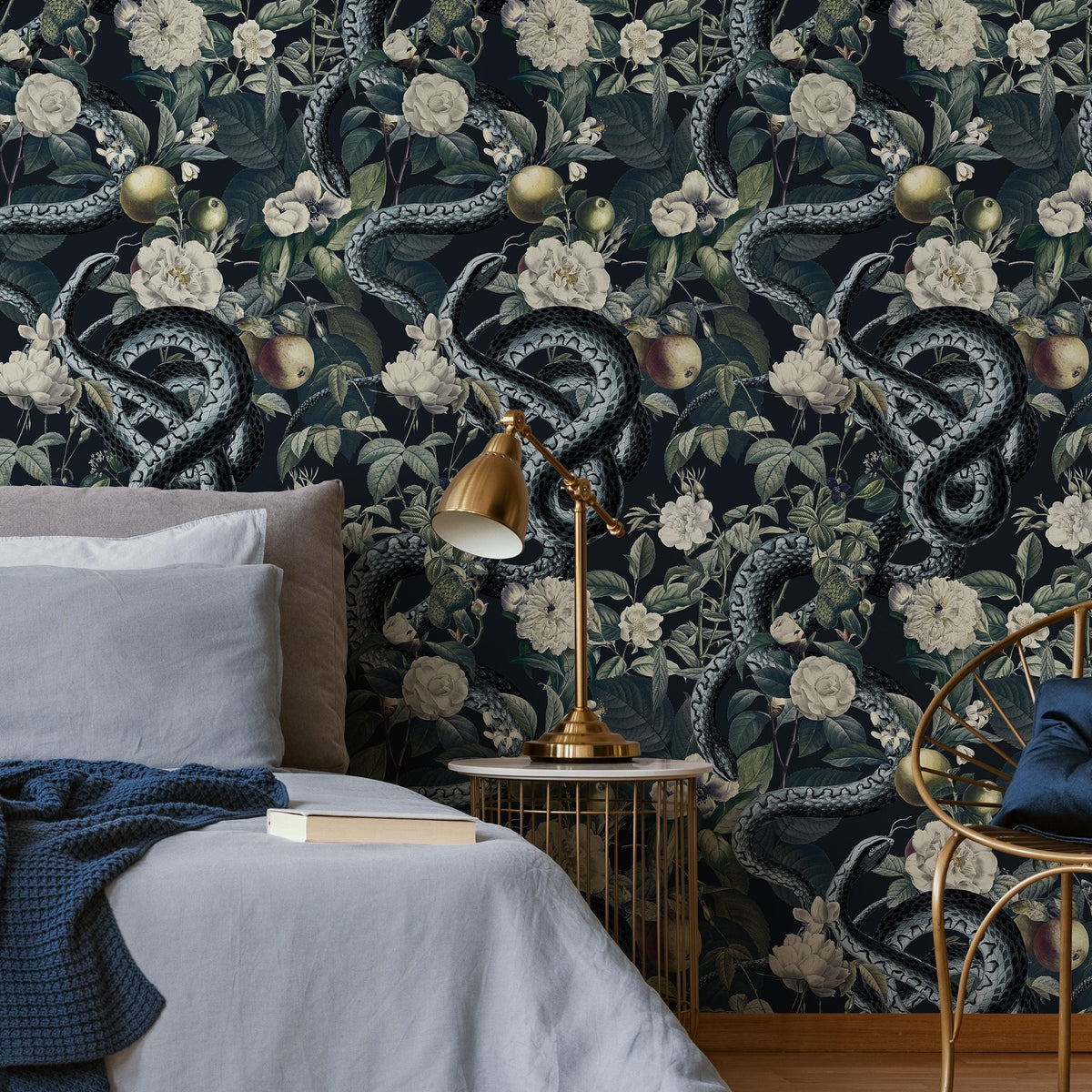 Botanical Wallpaper with Snakes Among Flowers in Black and Green - E294