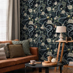 Botanical Wallpaper with Snakes Among Flowers in Black and Green - E294