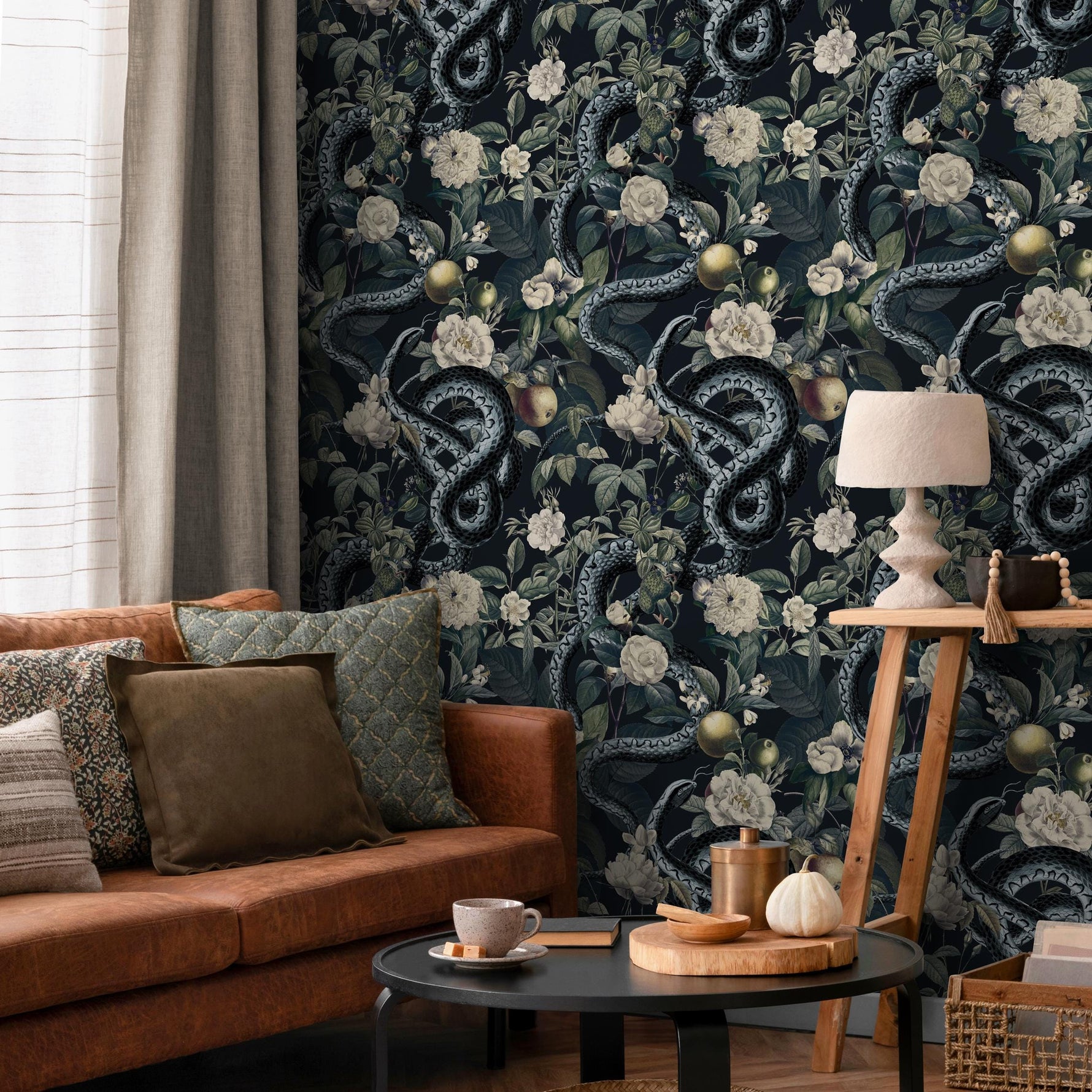 Botanical Wallpaper with Snakes Among Flowers in Black and Green - E294