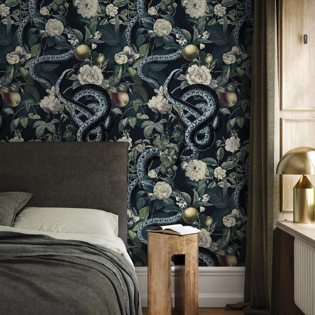 Botanical Wallpaper with Snakes Among Flowers in Black and Green - E294