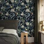 Botanical Wallpaper with Snakes Among Flowers in Black and Green - E294