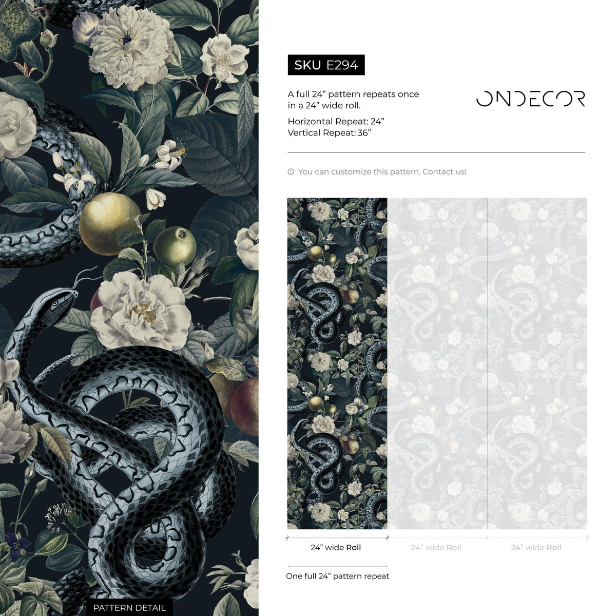 Botanical Wallpaper with Snakes Among Flowers in Black and Green - E294