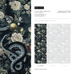 Botanical Wallpaper with Snakes Among Flowers in Black and Green - E294