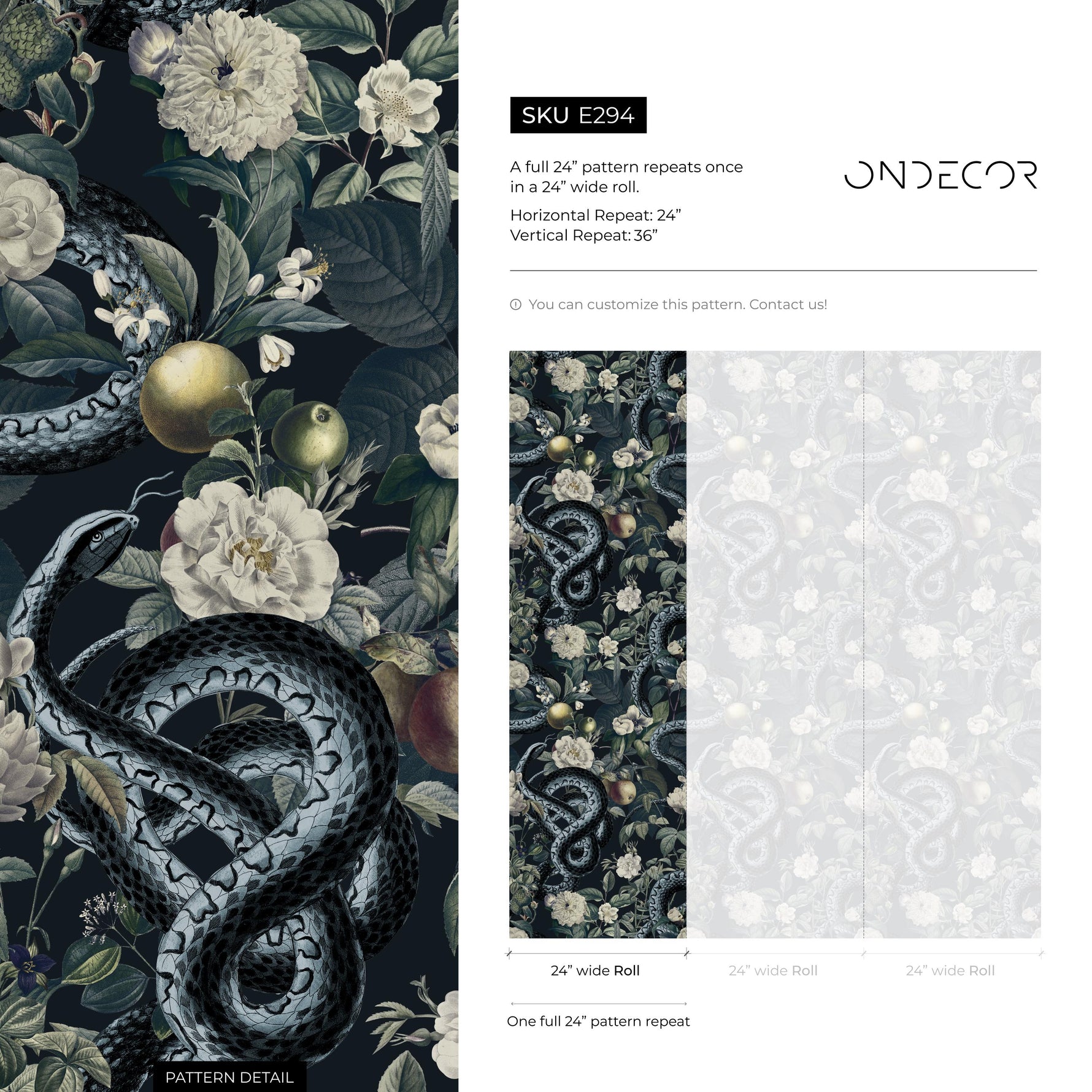 Botanical Wallpaper with Snakes Among Flowers in Black and Green - E294