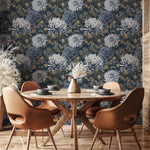 Floral Wallpaper Featuring Chrysanthemum Blooms in Dark Blue, Gray, and Gold - E297
