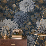 Floral Wallpaper Featuring Chrysanthemum Blooms in Dark Blue, Gray, and Gold - E297