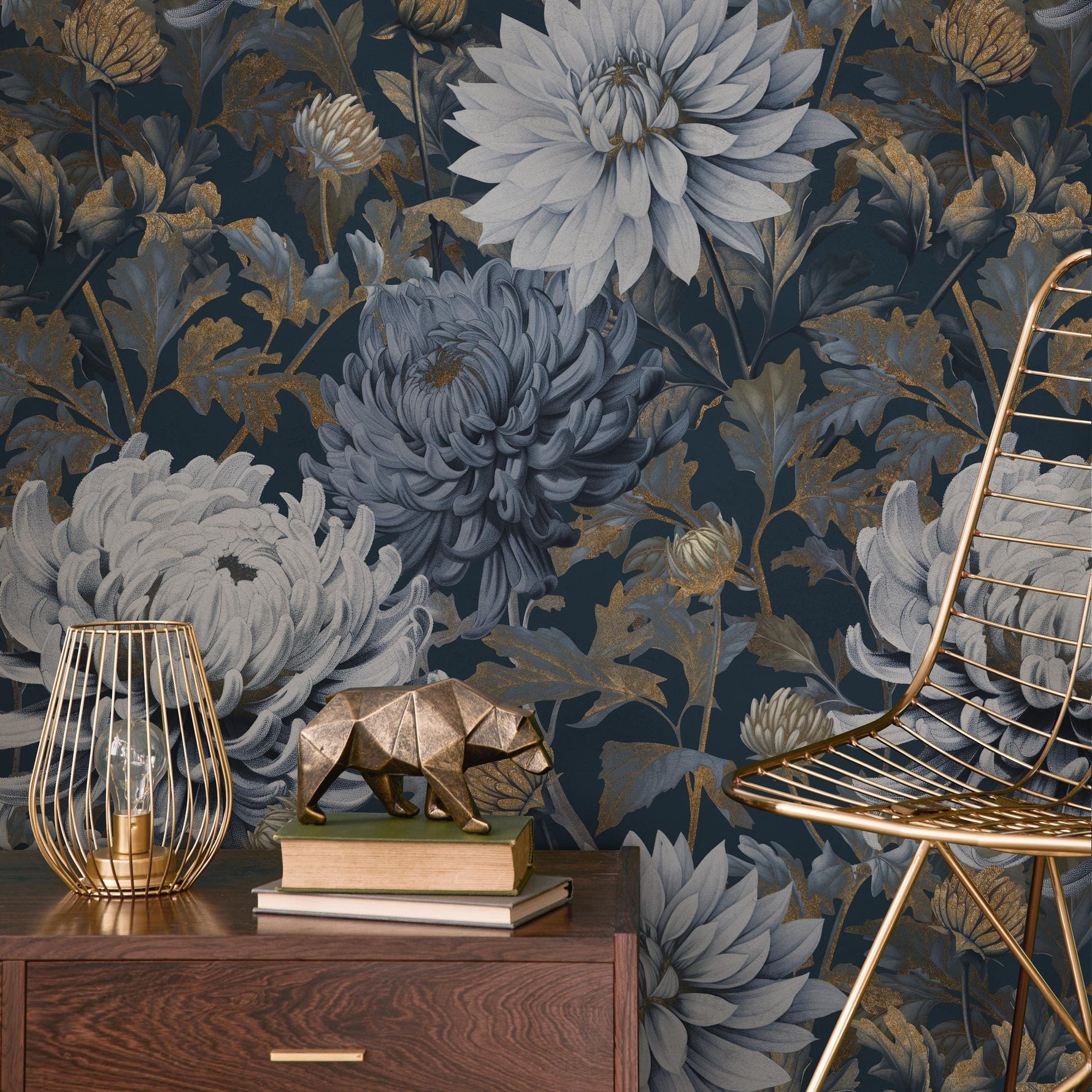 Floral Wallpaper Featuring Chrysanthemum Blooms in Dark Blue, Gray, and Gold - E297