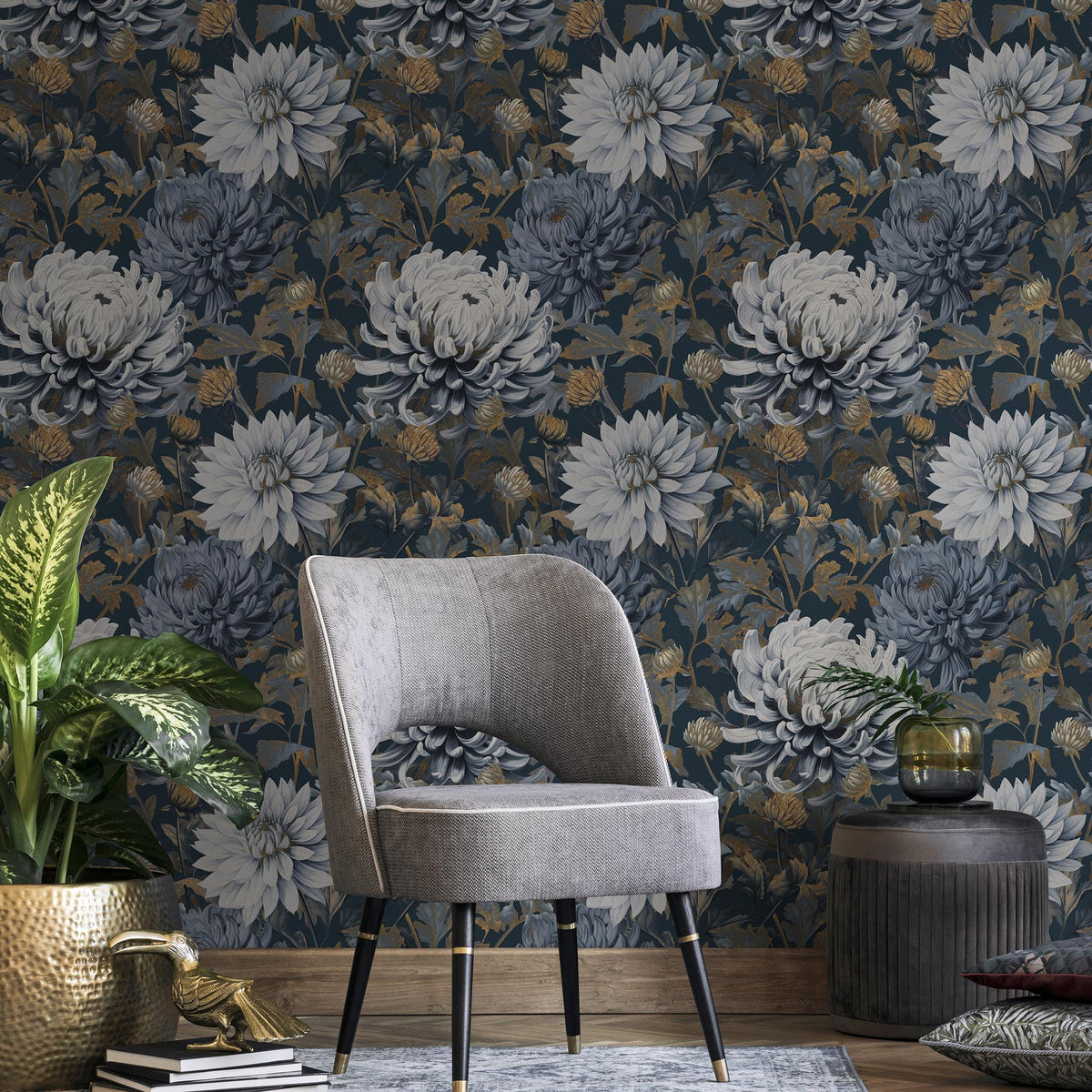 Floral Wallpaper Featuring Chrysanthemum Blooms in Dark Blue, Gray, and Gold - E297