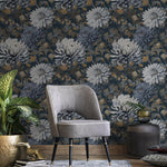 Floral Wallpaper Featuring Chrysanthemum Blooms in Dark Blue, Gray, and Gold - E297
