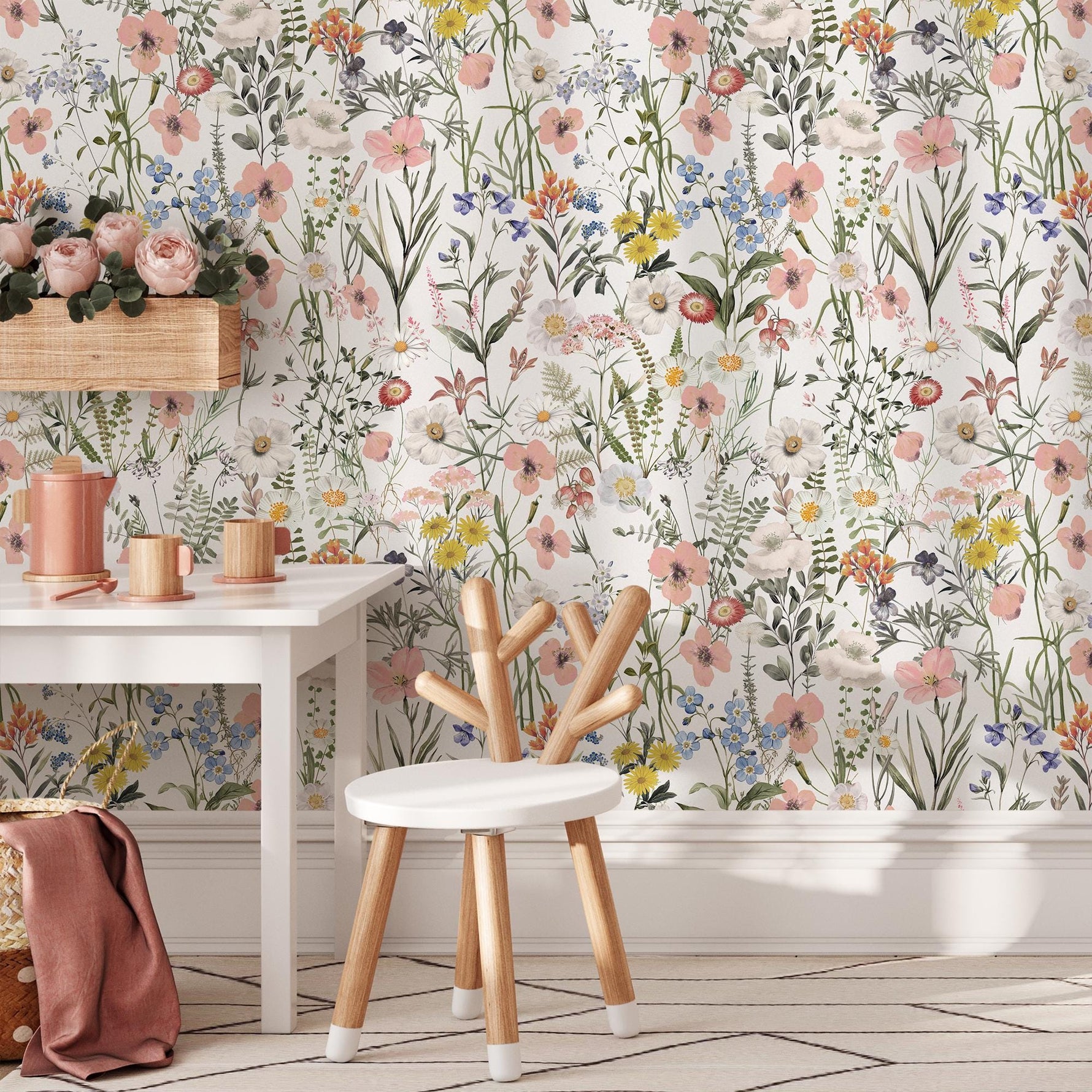 Wildflower Wallpaper Featuring a Vintage Meadow in Pink, Yellow, and Blue - E283
