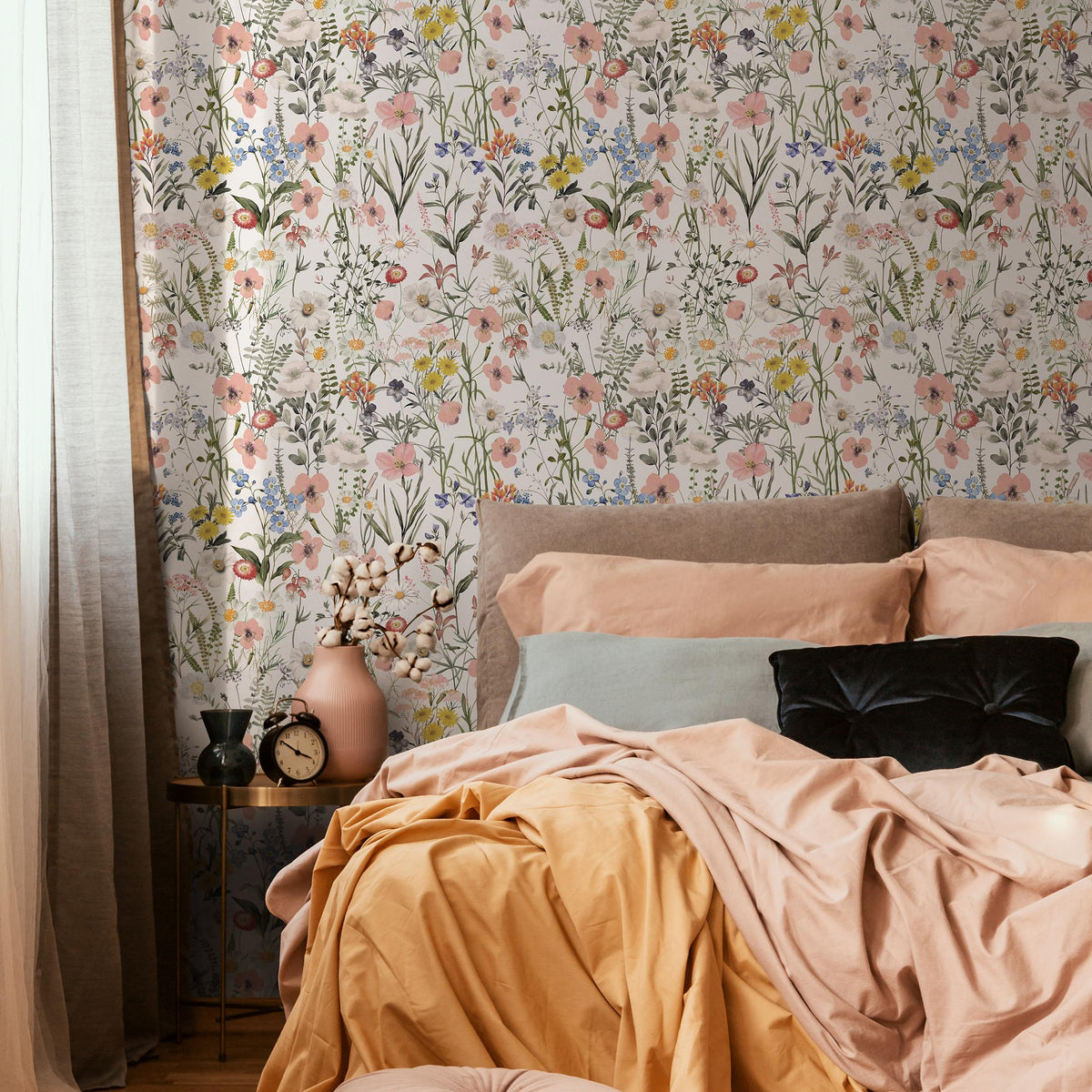 Wildflower Wallpaper Featuring a Vintage Meadow in Pink, Yellow, and Blue - E283