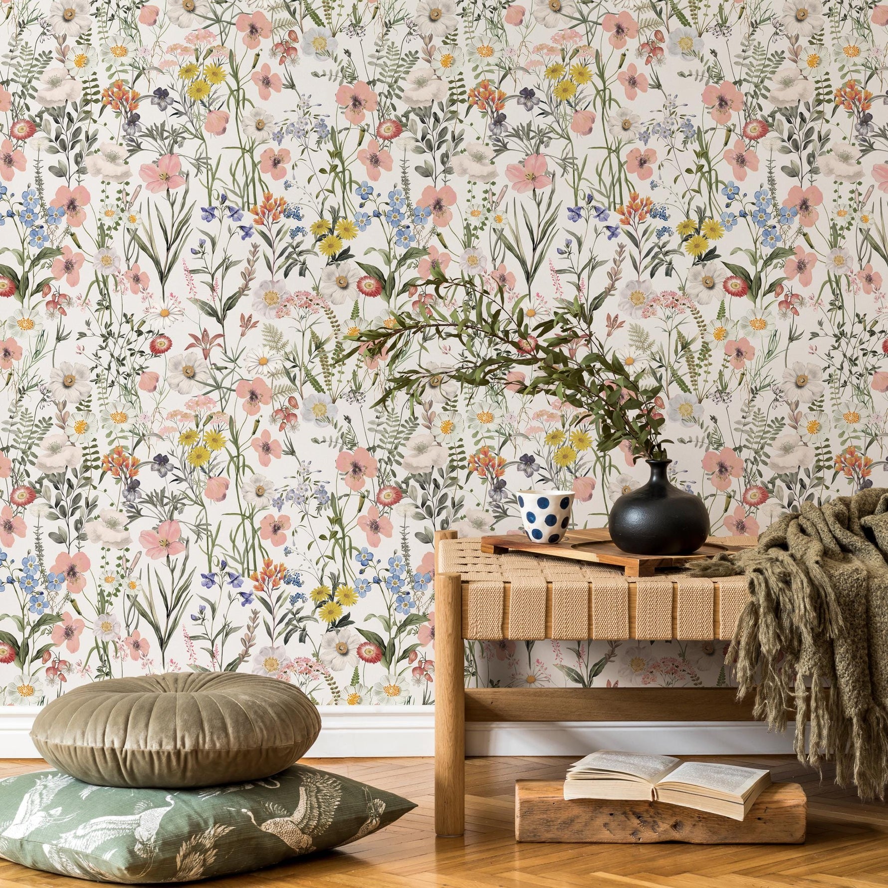 Wildflower Wallpaper Featuring a Vintage Meadow in Pink, Yellow, and Blue - E283