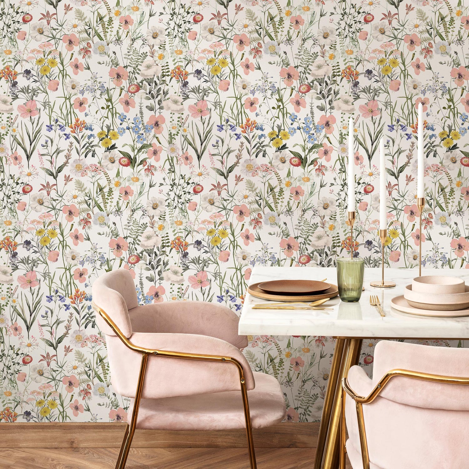 Wildflower Wallpaper Featuring a Vintage Meadow in Pink, Yellow, and Blue - E283