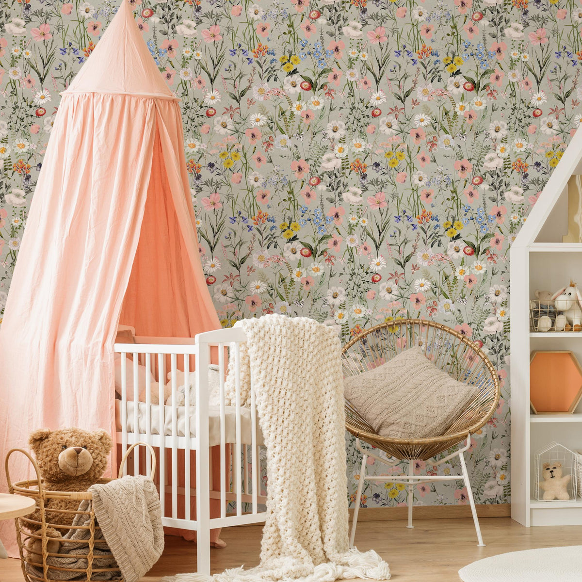Wildflower Wallpaper Featuring a Vintage Meadow Motif in Sage Green, Pink, and Blue - E285