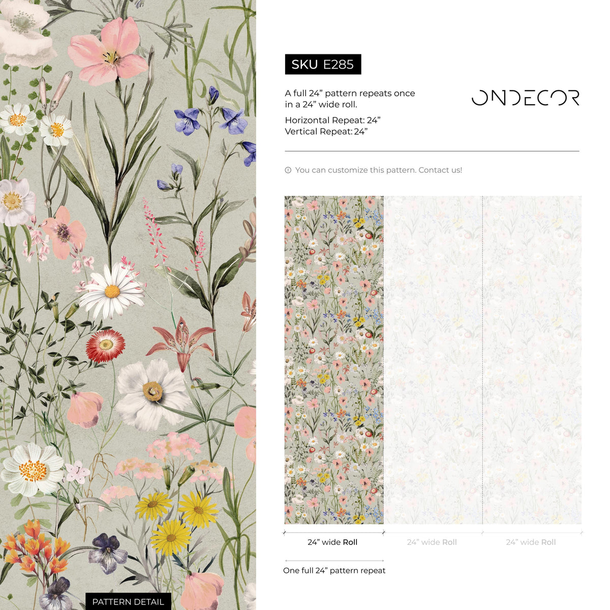 Wildflower Wallpaper Featuring a Vintage Meadow Motif in Sage Green, Pink, and Blue - E285