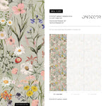 Wildflower Wallpaper Featuring a Vintage Meadow Motif in Sage Green, Pink, and Blue - E285
