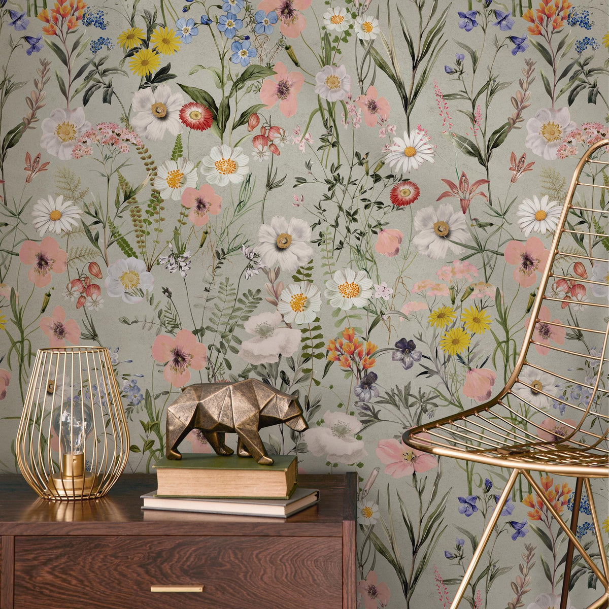 Wildflower Wallpaper Featuring a Vintage Meadow Motif in Sage Green, Pink, and Blue - E285