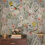 Wildflower Wallpaper Featuring a Vintage Meadow Motif in Sage Green, Pink, and Blue - E285