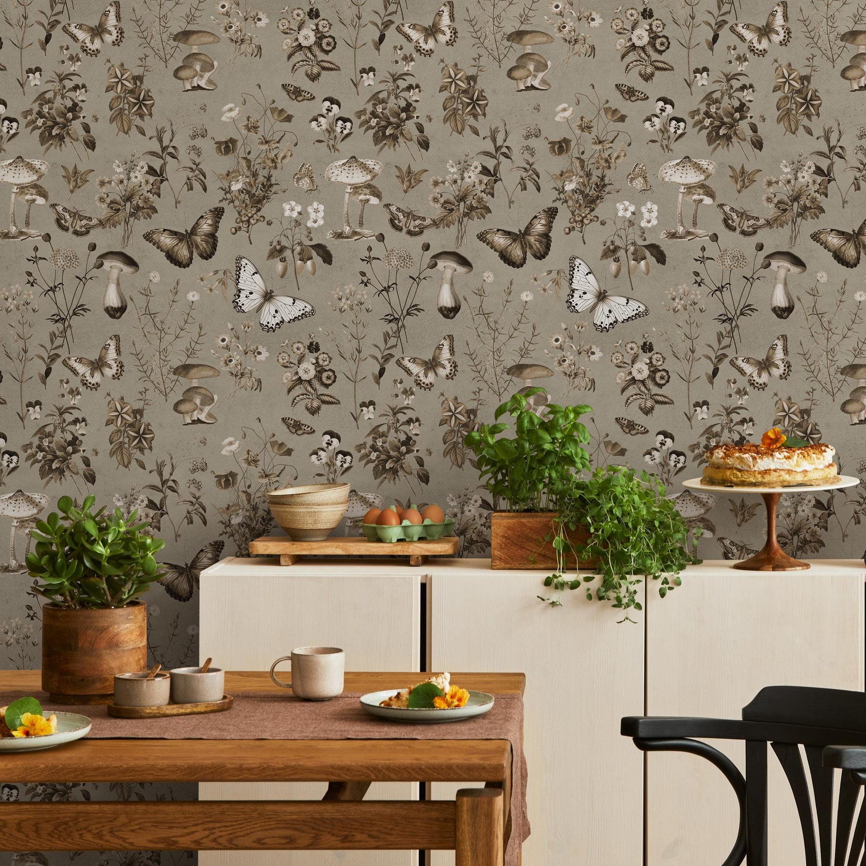 Botanical Wallpaper with Butterflies and Mushrooms in Brown and Beige - E292