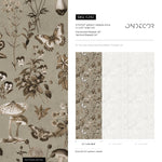 Botanical Wallpaper with Butterflies and Mushrooms in Brown and Beige - E292