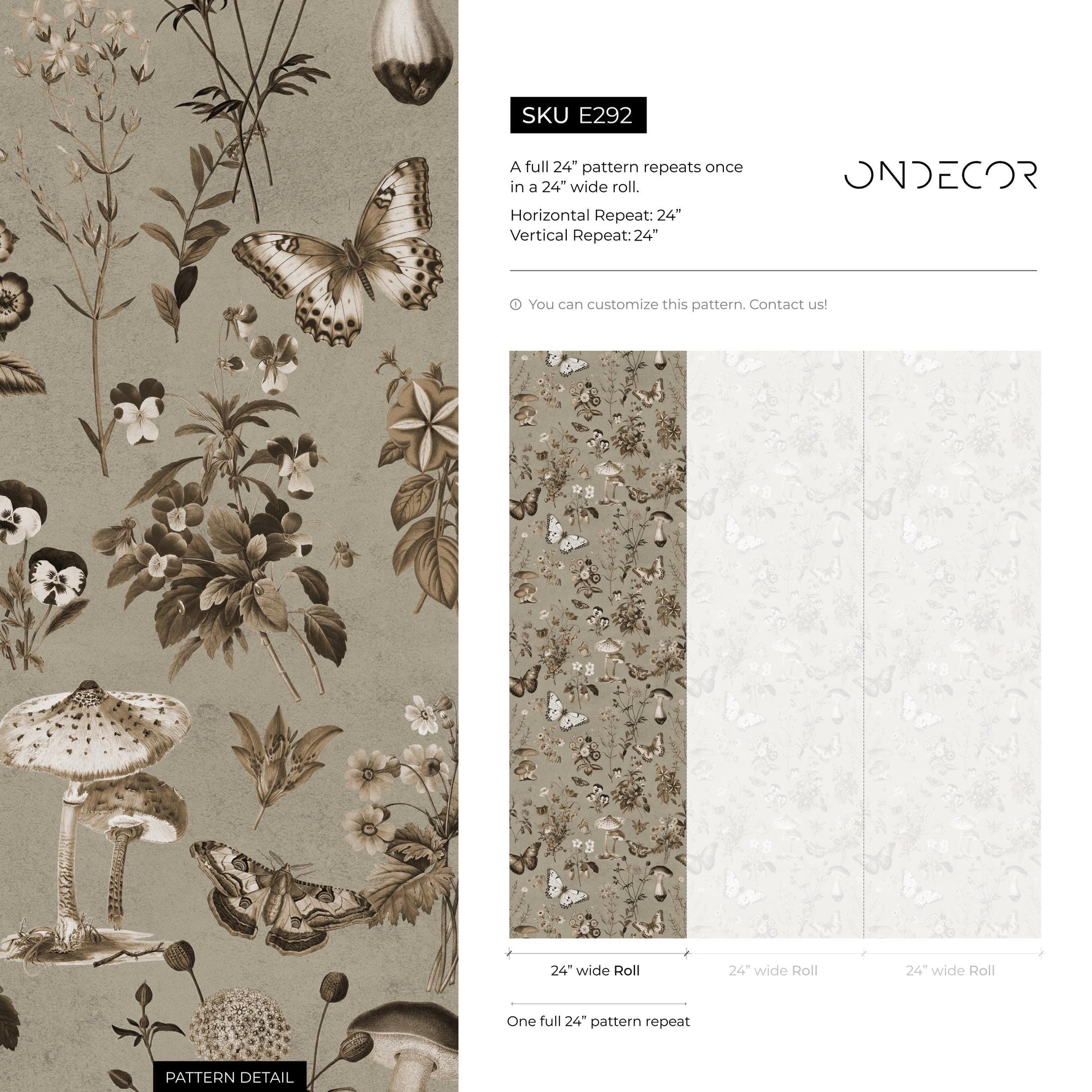 Botanical Wallpaper with Butterflies and Mushrooms in Brown and Beige - E292