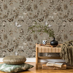 Botanical Wallpaper with Butterflies and Mushrooms in Brown and Beige - E292