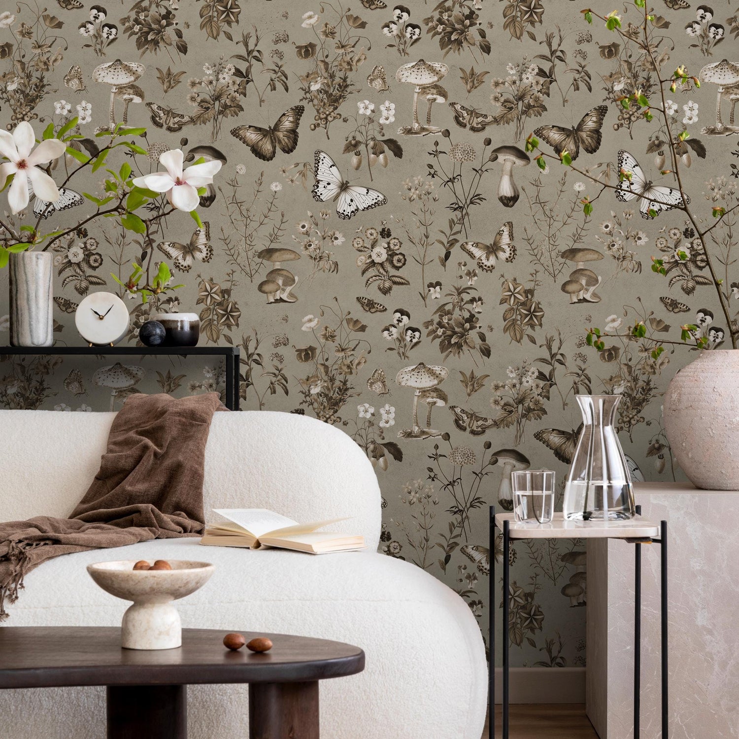 Botanical Wallpaper with Butterflies and Mushrooms in Brown and Beige - E292