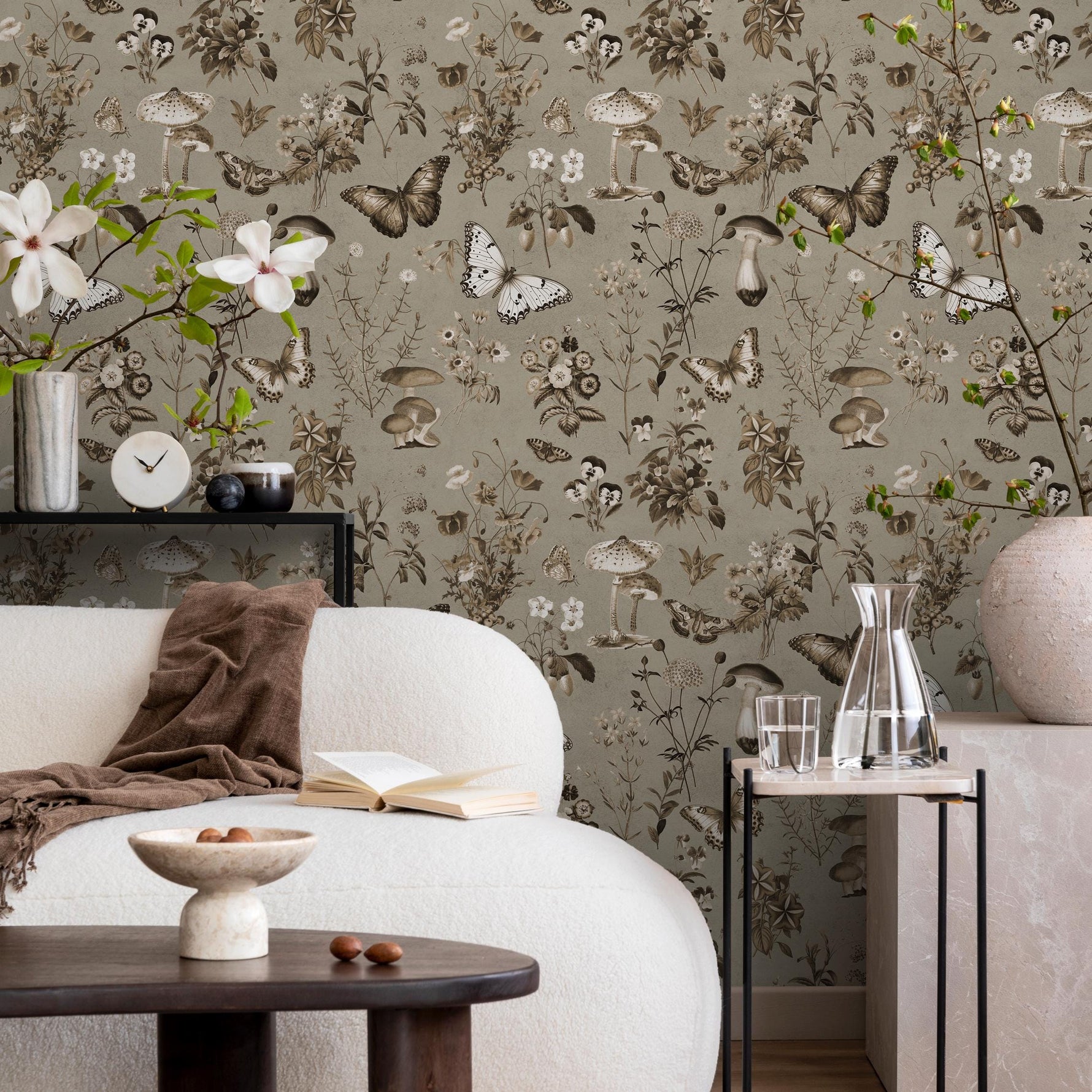 Botanical Wallpaper with Butterflies and Mushrooms in Brown and Beige - E292