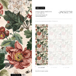Botanical Wallpaper Featuring Peonies, Figs, and Berries in Red and Green - E279