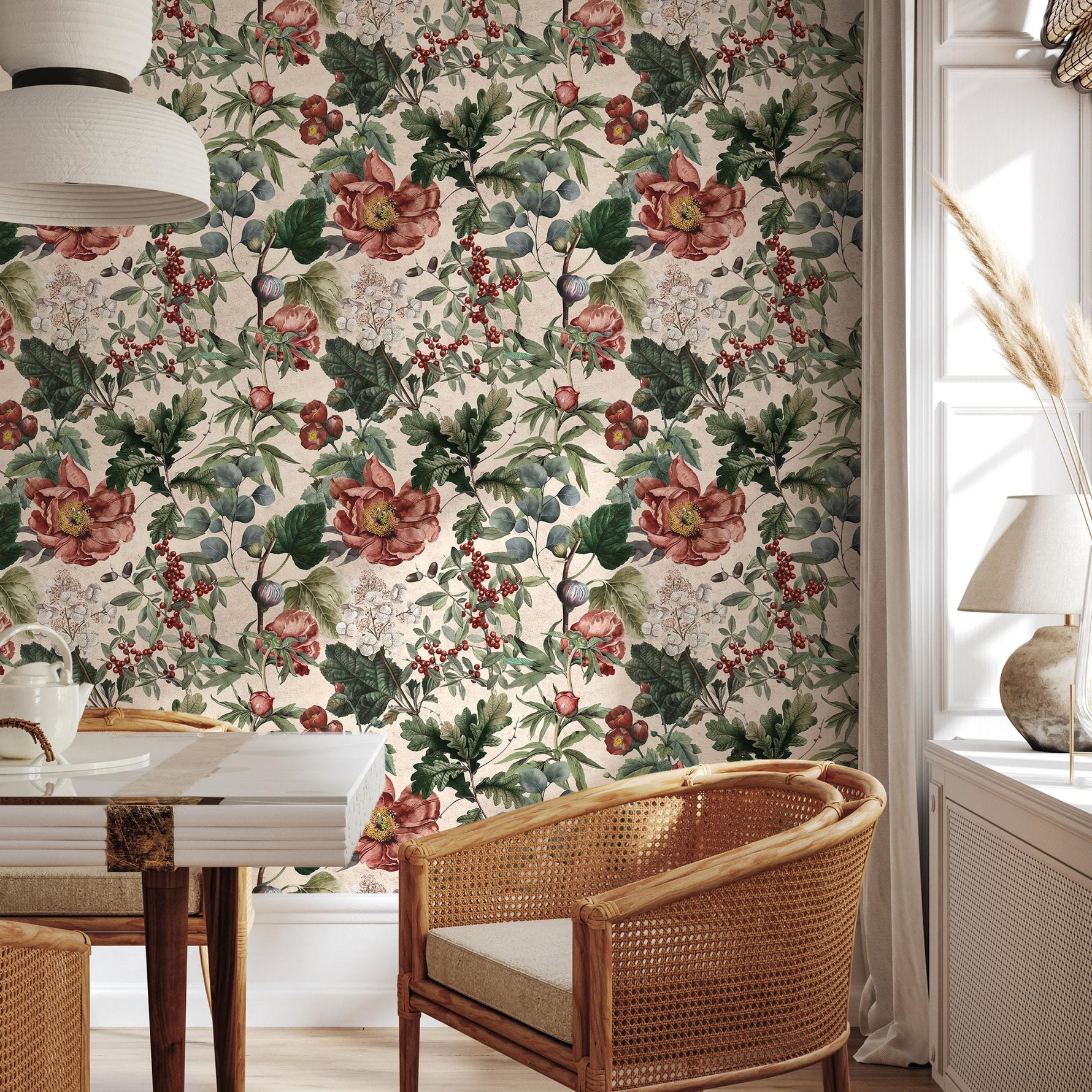 Botanical Wallpaper Featuring Peonies, Figs, and Berries in Red and Green - E279