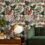 Botanical Wallpaper Featuring Peonies, Figs, and Berries in Red and Green - E279