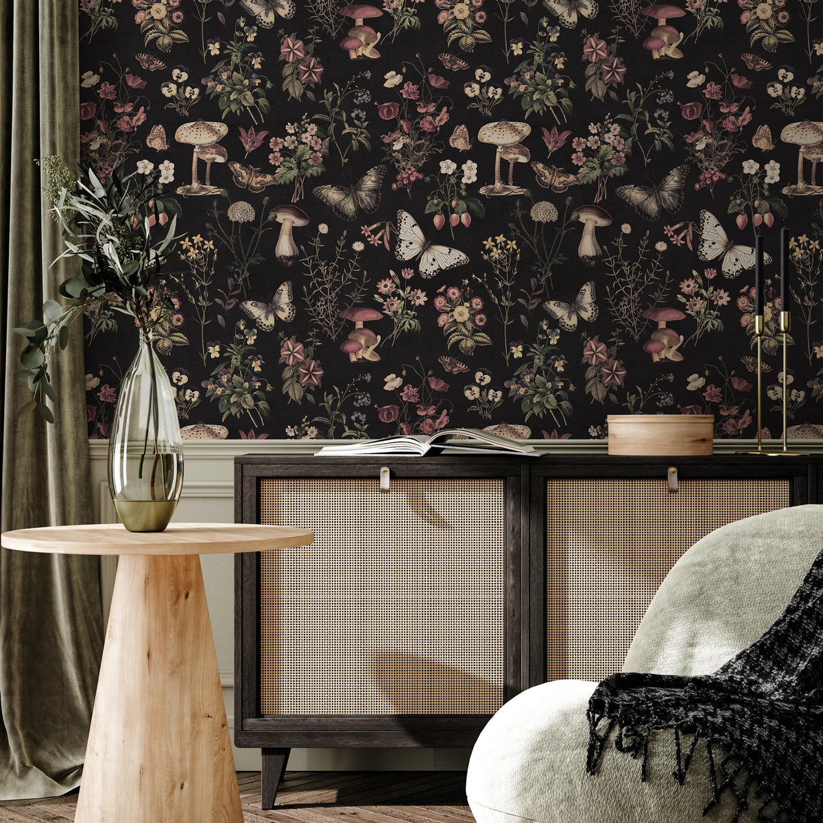 Dark Botanical Wallpaper with Moths and Mushrooms in Pink and Beige - E289