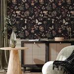 Dark Botanical Wallpaper with Moths and Mushrooms in Pink and Beige - E289