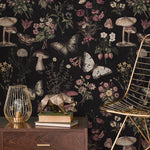 Dark Botanical Wallpaper with Moths and Mushrooms in Pink and Beige - E289