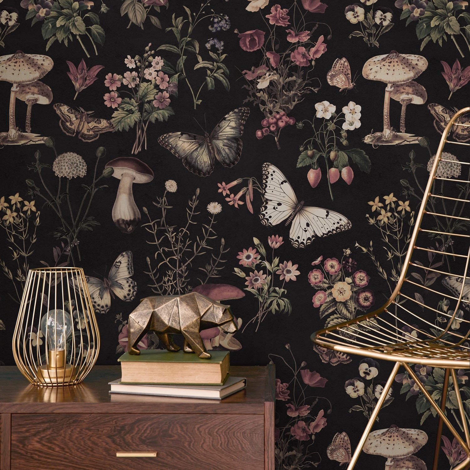 Dark Botanical Wallpaper with Moths and Mushrooms in Pink and Beige - E289