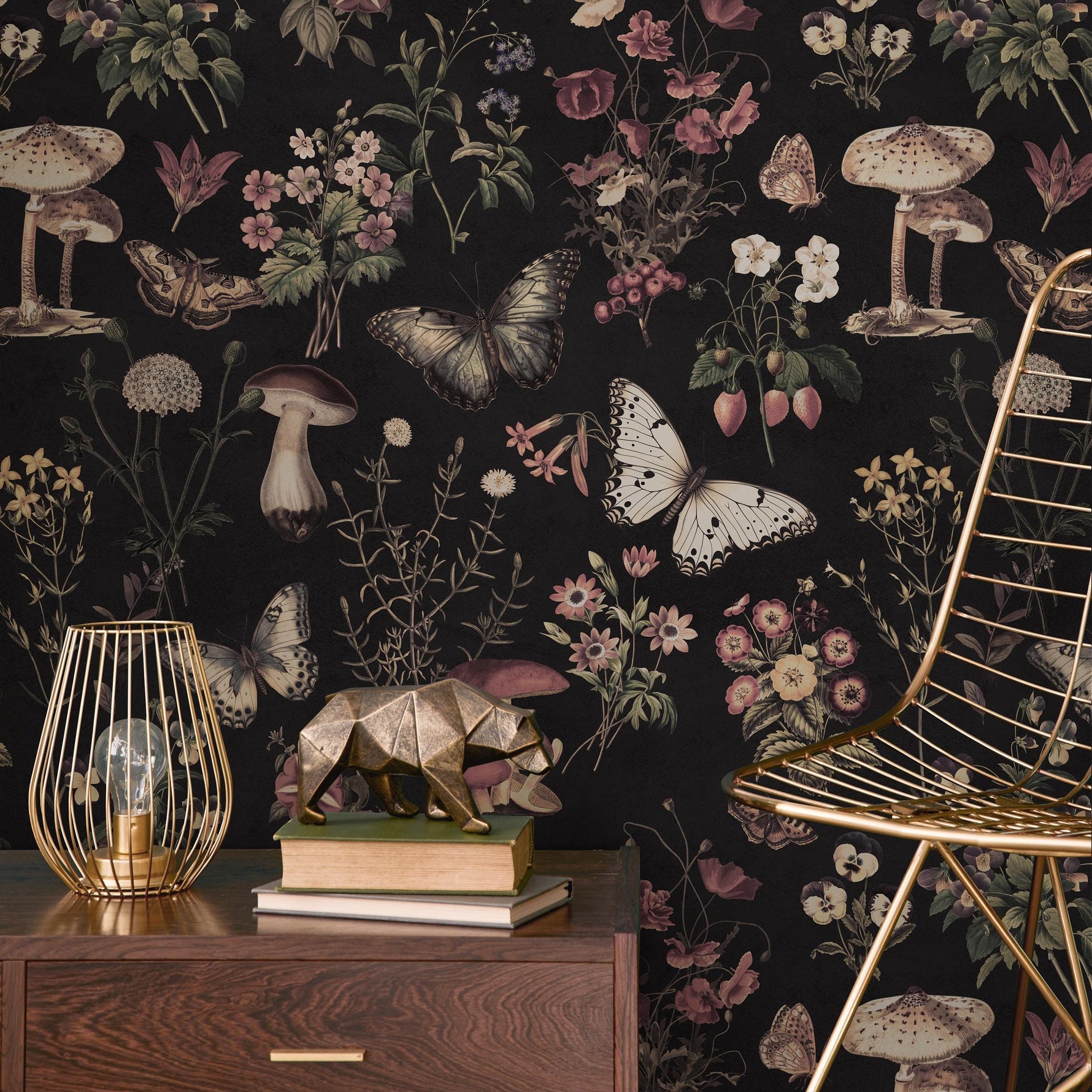 Dark Botanical Wallpaper with Moths and Mushrooms in Pink and Beige - E289