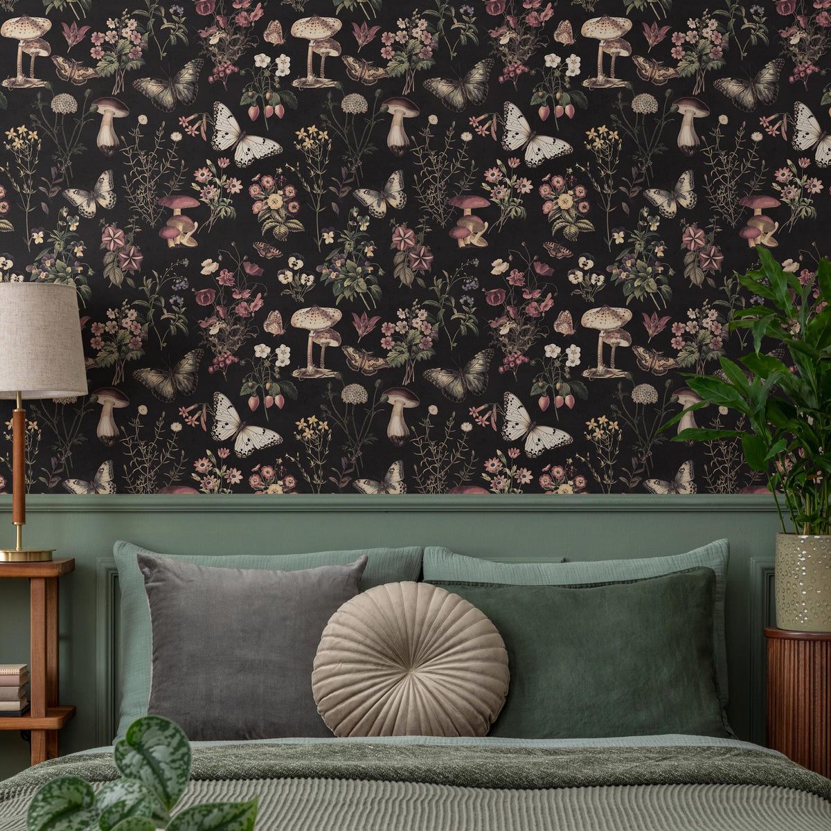 Dark Botanical Wallpaper with Moths and Mushrooms in Pink and Beige - E289