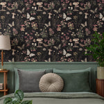 Dark Botanical Wallpaper with Moths and Mushrooms in Pink and Beige - E289