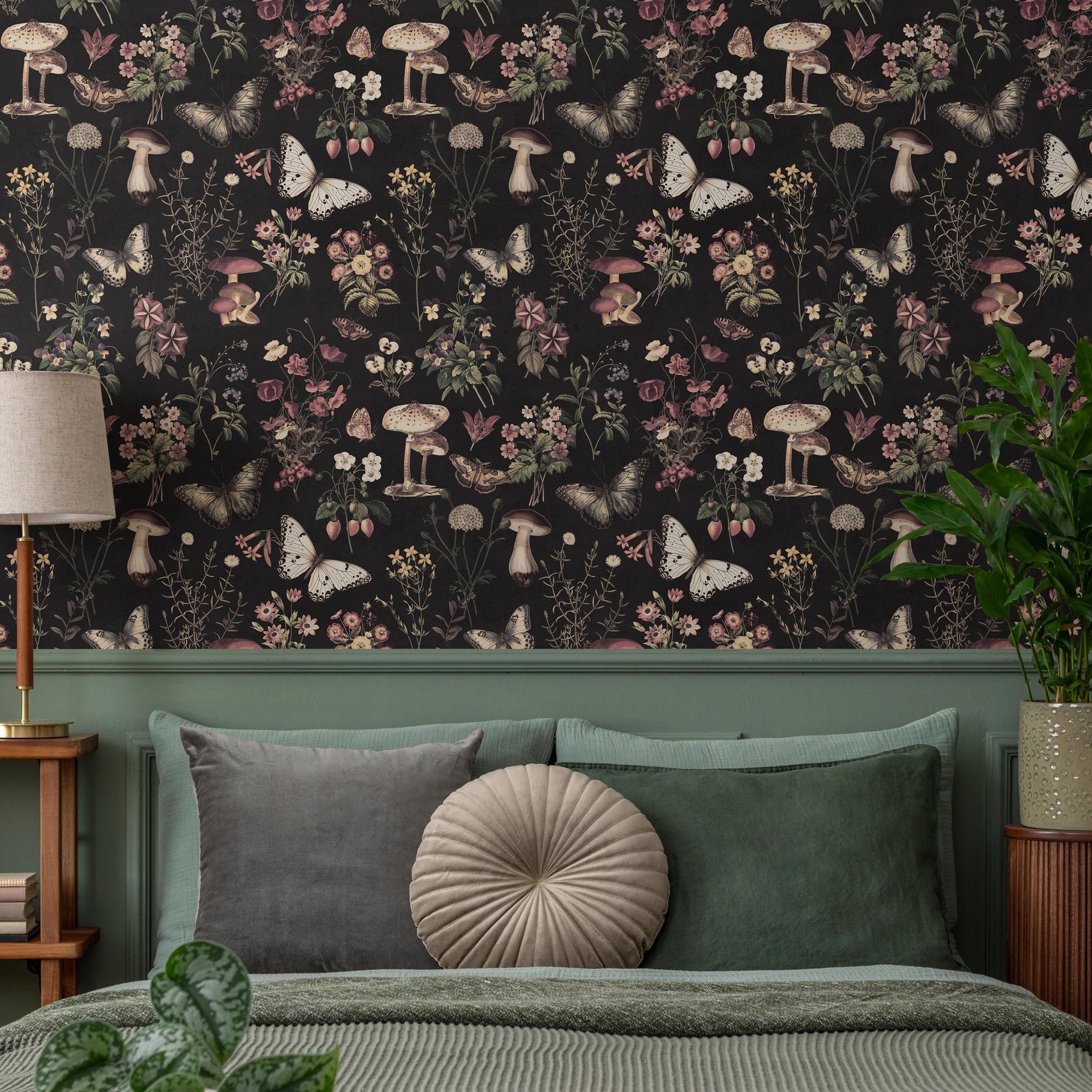 Dark Botanical Wallpaper with Moths and Mushrooms in Pink and Beige - E289