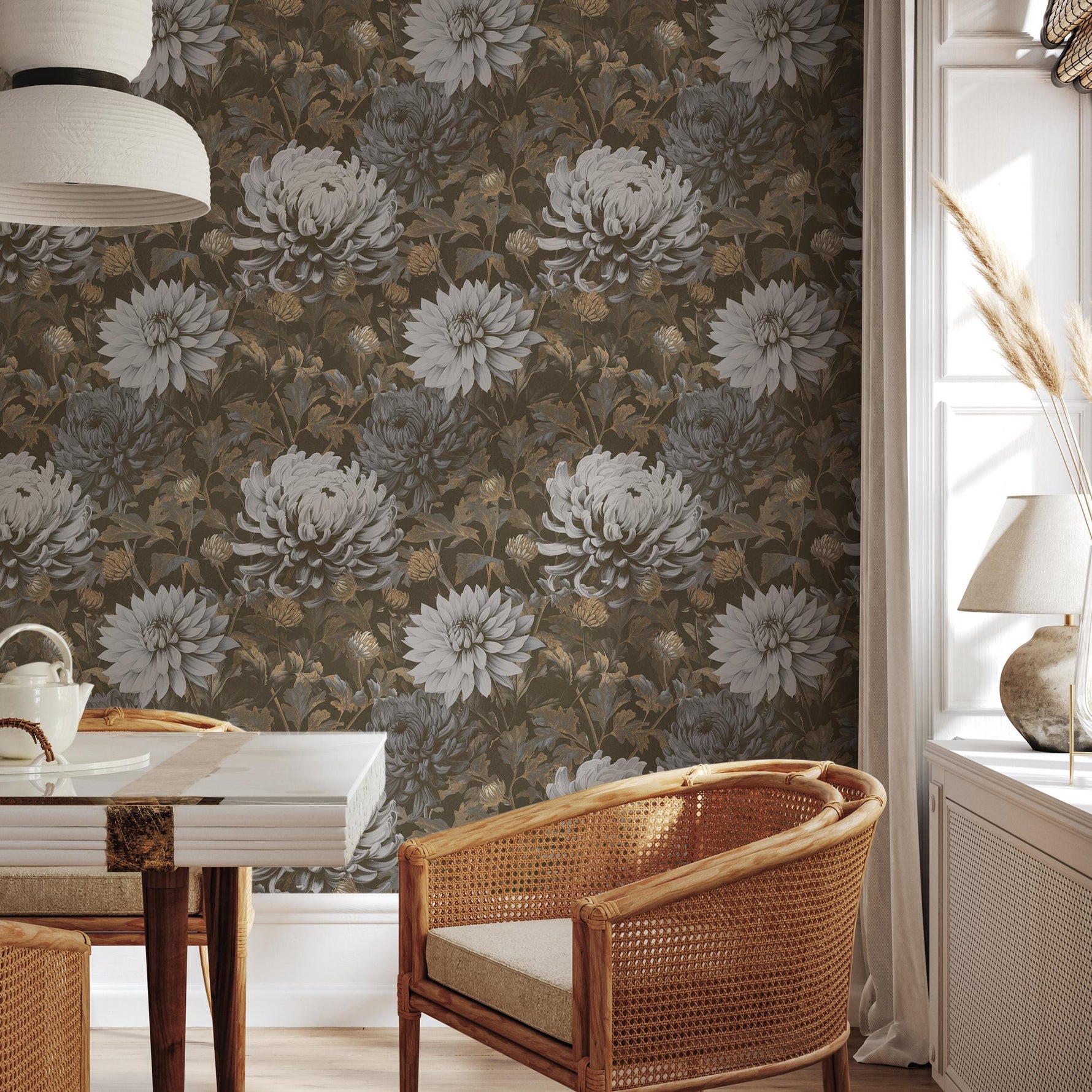 Floral Wallpaper featuring Vintage Chrysanthemums in Brown, Gray, and Beige - E298