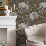Floral Wallpaper featuring Vintage Chrysanthemums in Brown, Gray, and Beige - E298