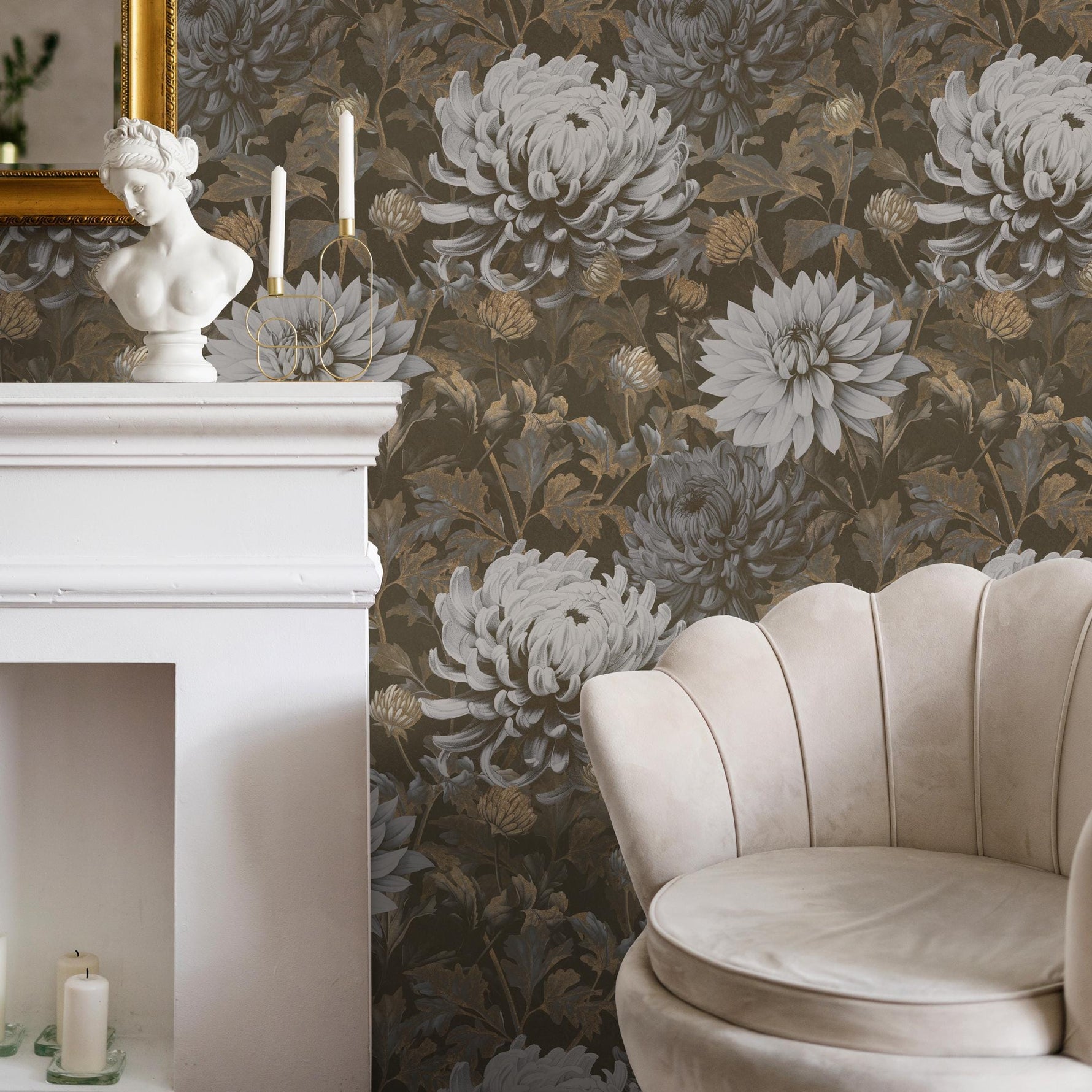 Floral Wallpaper featuring Vintage Chrysanthemums in Brown, Gray, and Beige - E298