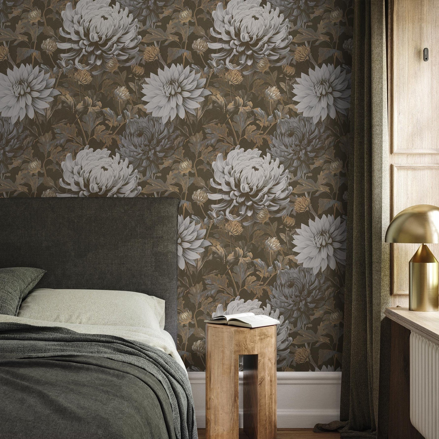 Floral Wallpaper featuring Vintage Chrysanthemums in Brown, Gray, and Beige - E298