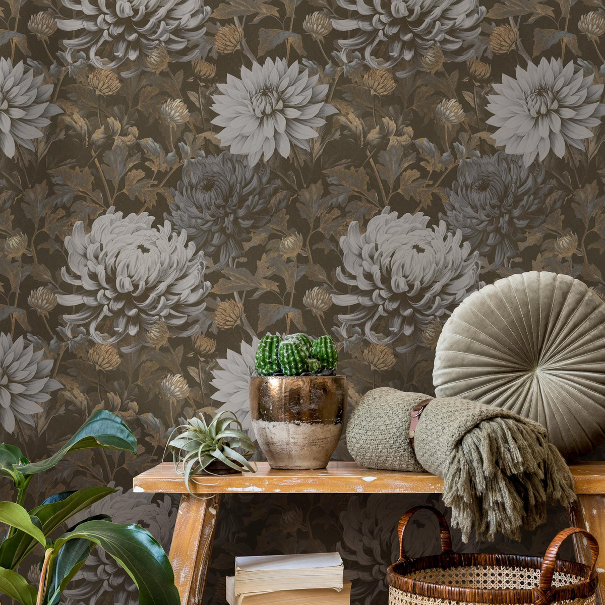Floral Wallpaper featuring Vintage Chrysanthemums in Brown, Gray, and Beige - E298